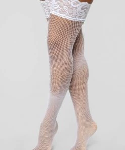 FashionNob LINGERIE Caught In My Trap Fishnet Thigh Highs - White