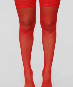 Fashion Nob Caught In My Trap Fishnet Thigh Highs - Red
