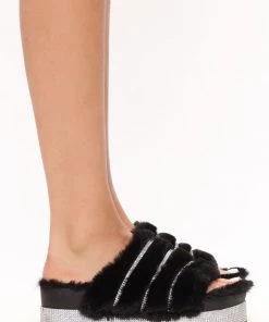 Fashion Nova Diamonds On Me Platform Slides - Black