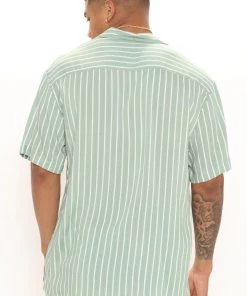 Mysite Weekend Vertical Thin Striped Short Sleeve Woven Top - Mint/combo