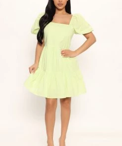 Mysite Pia Babydoll Mini Dress - Lime DRESSES