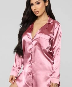 Fashion Nob Gigi Satin PJ Shirt - Mauve Sleepwear & Robes