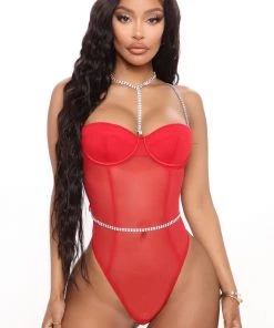 Fashion Nova Perfect Love Mesh Rhinestone Teddy - Red