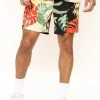 Mysite Tropical Palm Leaves Swim Trunks - Tan/Multi