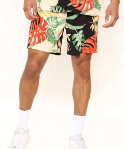 Mysite Tropical Palm Leaves Swim Trunks - Tan/Multi