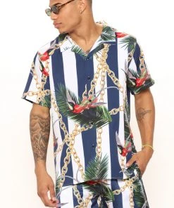 Mysite New Today Tropical High Short Sleeve Woven Top - Cream/combo