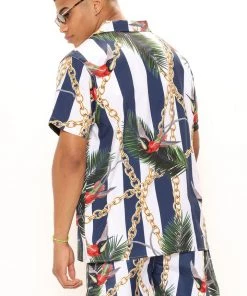 Mysite New Today Tropical High Short Sleeve Woven Top - Cream/combo