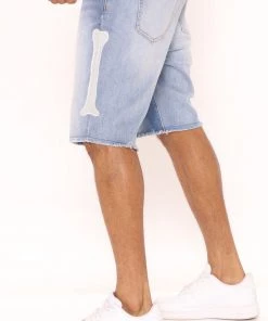 Mysite New Today Bone Embroidery Raw Hem Slim Denim Shorts - Light Wash