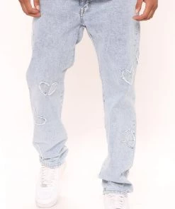 Mysite New Today Heart Patched Straight Jeans - Light Wash