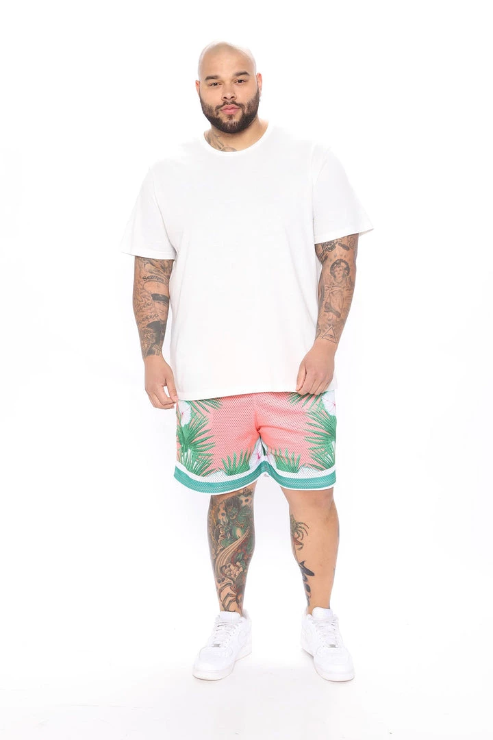 Mysite New Today Wild Leaf Mesh Shorts - Coral/combo