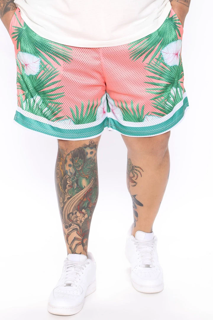 Mysite New Today Wild Leaf Mesh Shorts - Coral/combo
