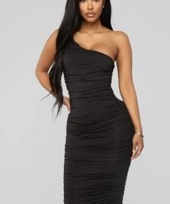 FashionNob Barely Know Me One Shoulder Midi Dress - Black