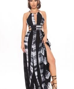 Mysite Walk On The Beach Tie Dye Maxi Dress - Black/White
