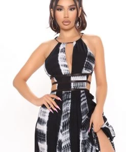 Mysite Walk On The Beach Tie Dye Maxi Dress - Black/White