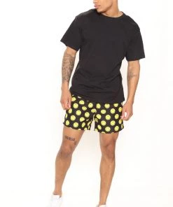 Mysite New Today Smiley All Over Swim Trunks - Black/Yellow