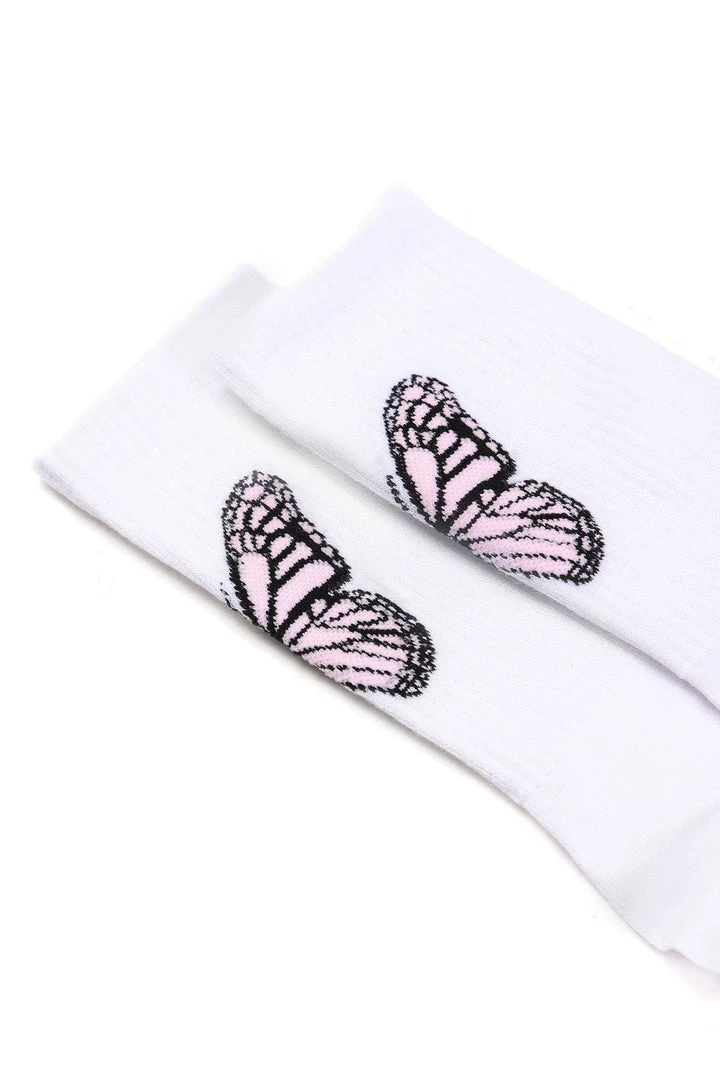 FashionNob Teddies & Babydolls Butterfly Chaser Crew Socks - White/Pink 3 FashionNob Teddies & Babydolls Butterfly Chaser Crew Socks - White/Pink