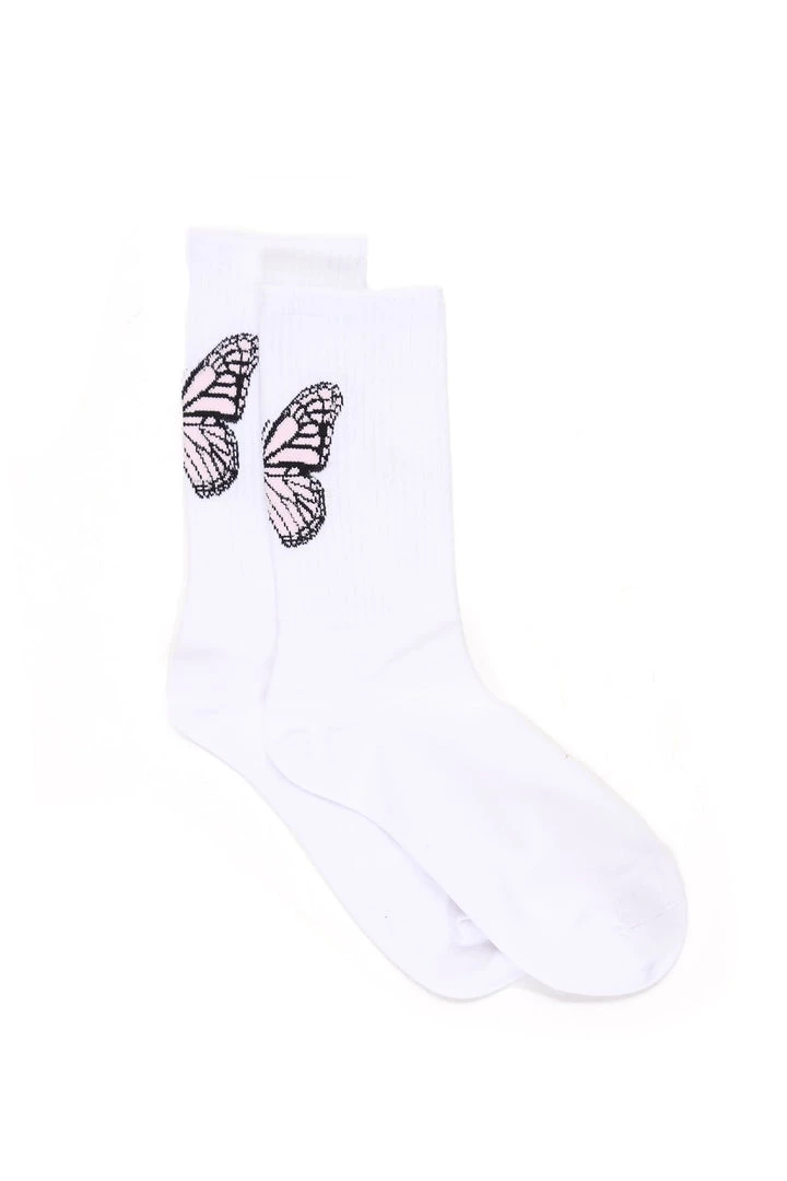 FashionNob Teddies & Babydolls Butterfly Chaser Crew Socks - White/Pink 2 FashionNob Teddies & Babydolls Butterfly Chaser Crew Socks - White/Pink