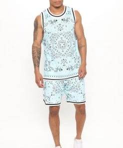 Mysite New Today Paisley Mesh Basketball Shorts - Light Blue