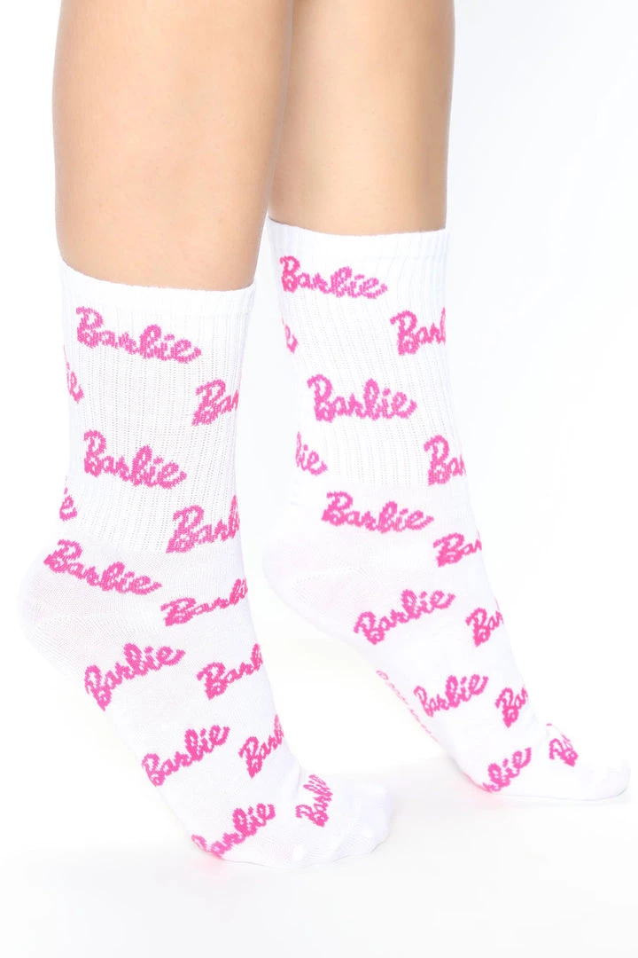 FashionNob Teddies & Babydolls Barbie Crew Socks - White/Pink 1 FashionNob Teddies & Babydolls Barbie Crew Socks - White/Pink