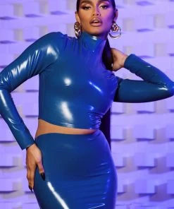 Fashion Nova Kairi Latex Mock Neck Top - Midnight Blue