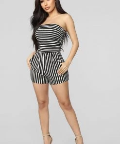 Mysite New Today Anchors Up Striped Romper - Black/White