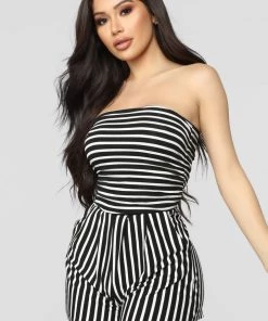 Mysite New Today Anchors Up Striped Romper - Black/White