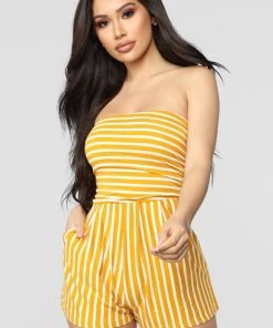Mysite Anchors Up Striped Romper - Mustard/White New Today