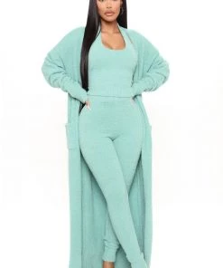 Fashion Nova SETS Keep Me Cozy Fuzzy 3 Piece Legging Set - Sage