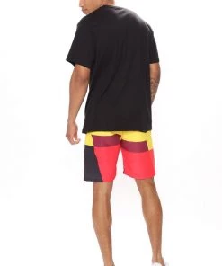 Mysite Stretch Nylon Colorblock Shorts - Red New Today