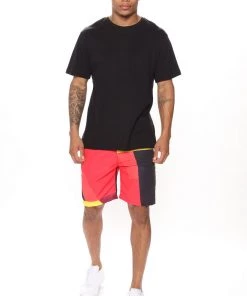 Mysite Stretch Nylon Colorblock Shorts - Red New Today