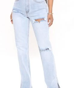 Fashion Nova Savannah Split Hem Stretch Jeans - Light Blue Wash