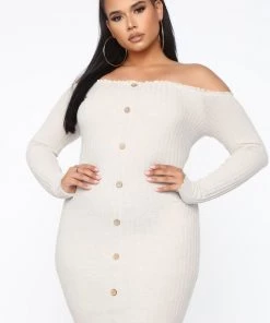 Fashion Nova Influencer Looks Jacklyn Off Shoulder Mini Dress - Oatmeal