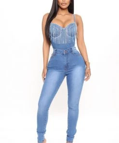 Fashion Nova Elsie Rhinestone Denim Bodysuit - Medium Wash