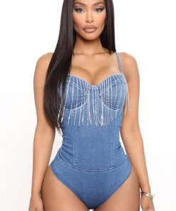 Fashion Nova Elsie Rhinestone Denim Bodysuit - Medium Wash