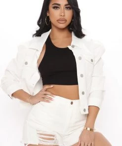Fashion Nob Diamond In The Puff Sleeve Denim Jacket - White