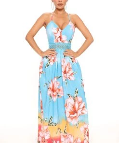 Mysite Holy Slit II Sleeveless Maxi Dress - Blue/combo