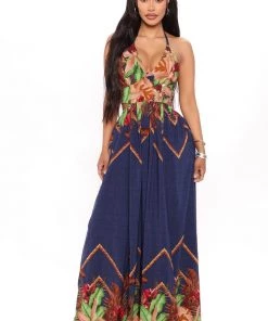 Mysite Kenzie Halter Maxi Dress - Navy/combo New Today