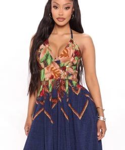 Mysite Kenzie Halter Maxi Dress - Navy/combo New Today