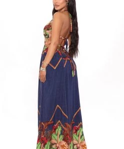 Mysite Kenzie Halter Maxi Dress - Navy/combo New Today
