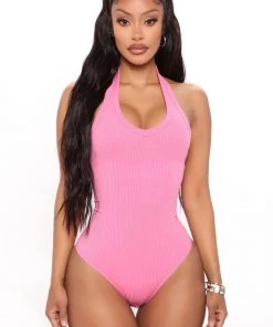 Mysite New Today The New Me Halter Bodysuit - Bubblegum Pink