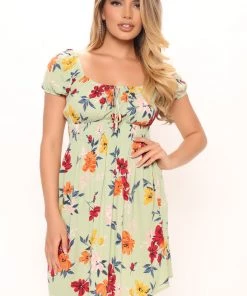 Mysite DRESSES Janey Puff Sleeve Mini Dress - Sage