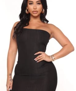 Mysite New Today Natalie Ribbed Midi Dress - Black