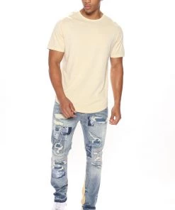 Mysite New Today Vandalize Ripped And Stitched Straight Jeans - Medium Wash