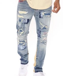 Mysite New Today Vandalize Ripped And Stitched Straight Jeans - Medium Wash