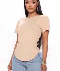 Mysite Annie Cuffed Short Sleeve Top - Taupe New Today