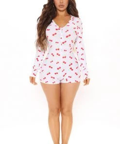 FashionNob Cherry Bomb PJ Romper Onesie - White/combo