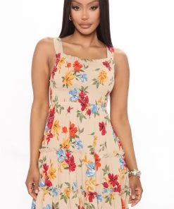 Mysite CeCe Ruffled Mini Dress - Taupe DRESSES