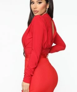 Fashion Nova Leave An Impression Mock Neck Bodysuit - Red Best Sellers