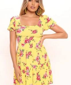 Mysite Breanna Puff Sleeve Mini Dress - Yellow