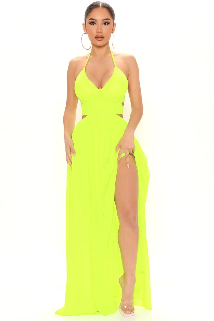 Mysite Kenz Halter Maxi Dress - Neon Yellow